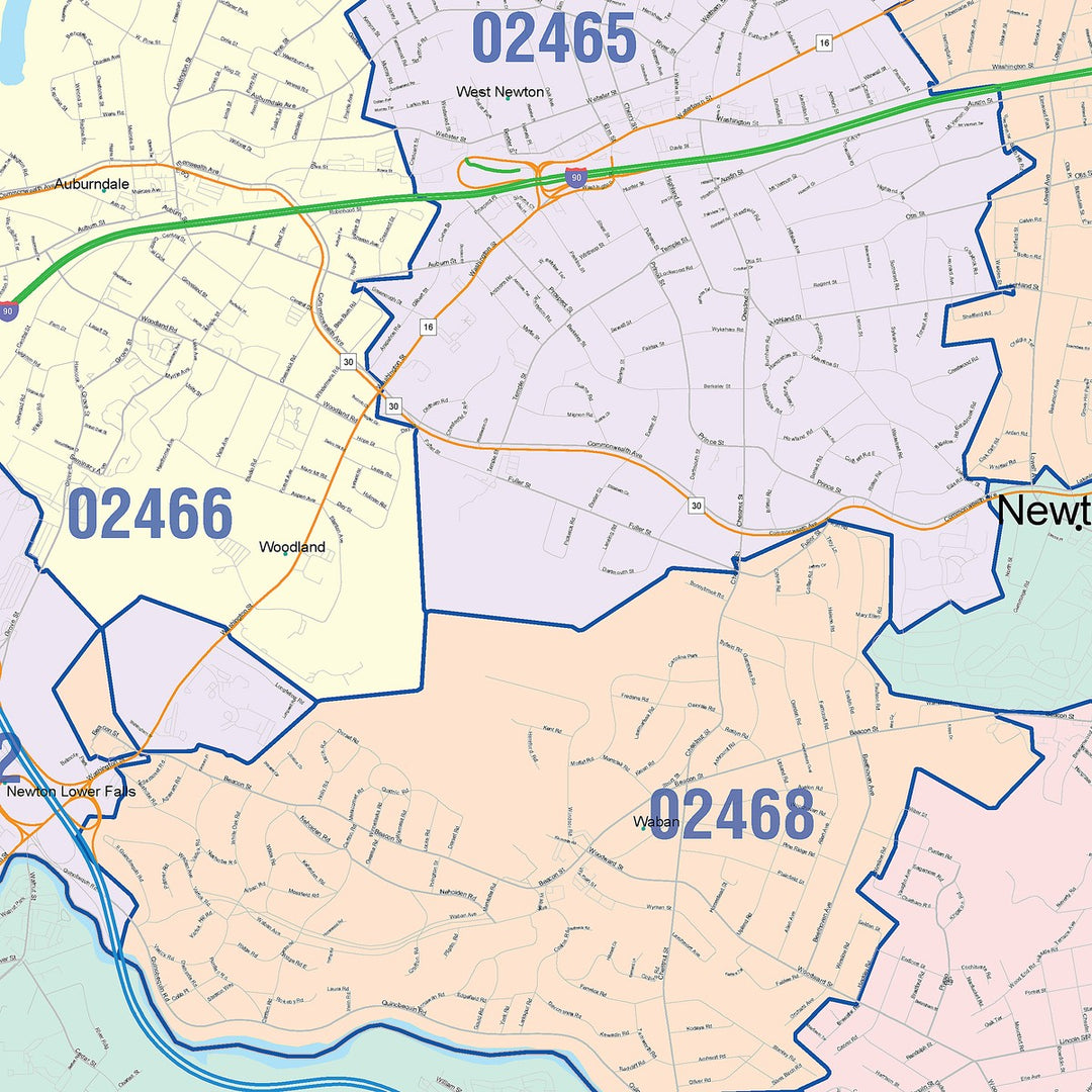 Color Cast Zip Code Style Wall Map of Newton, MA