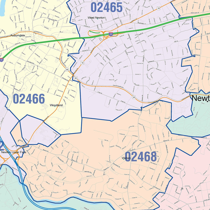 Color Cast Zip Code Style Wall Map of Newton, MA
