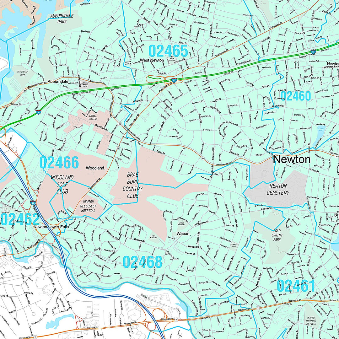 Premium Style Wall Map of Newton, MA