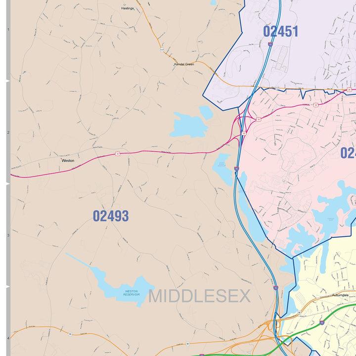 Color Cast Zip Code Style Wall Map of Newton, MA