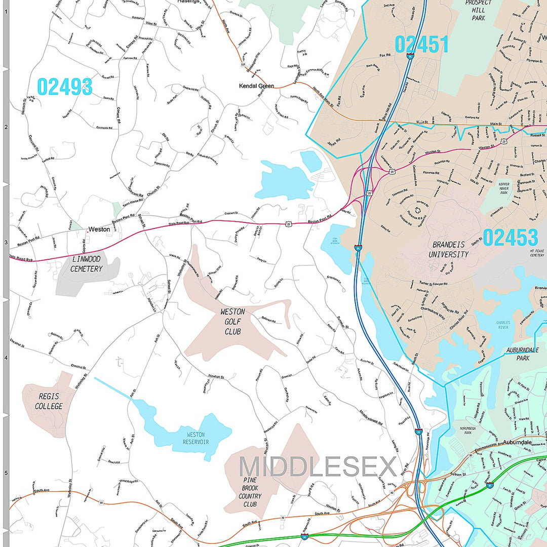 Premium Style Wall Map of Newton, MA