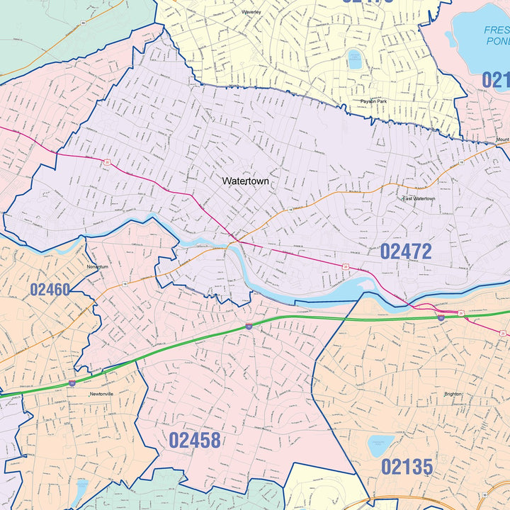 Color Cast Zip Code Style Wall Map of Newton, MA