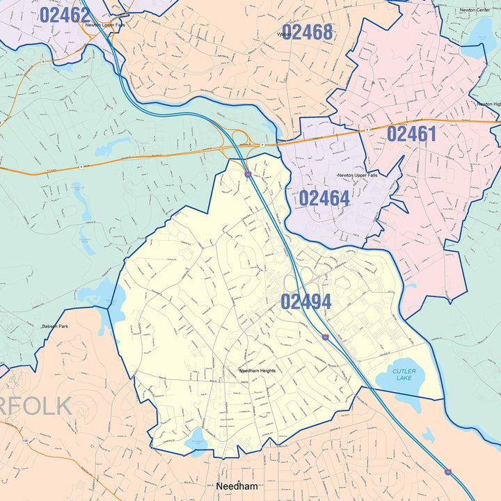 Color Cast Zip Code Style Wall Map of Newton, MA