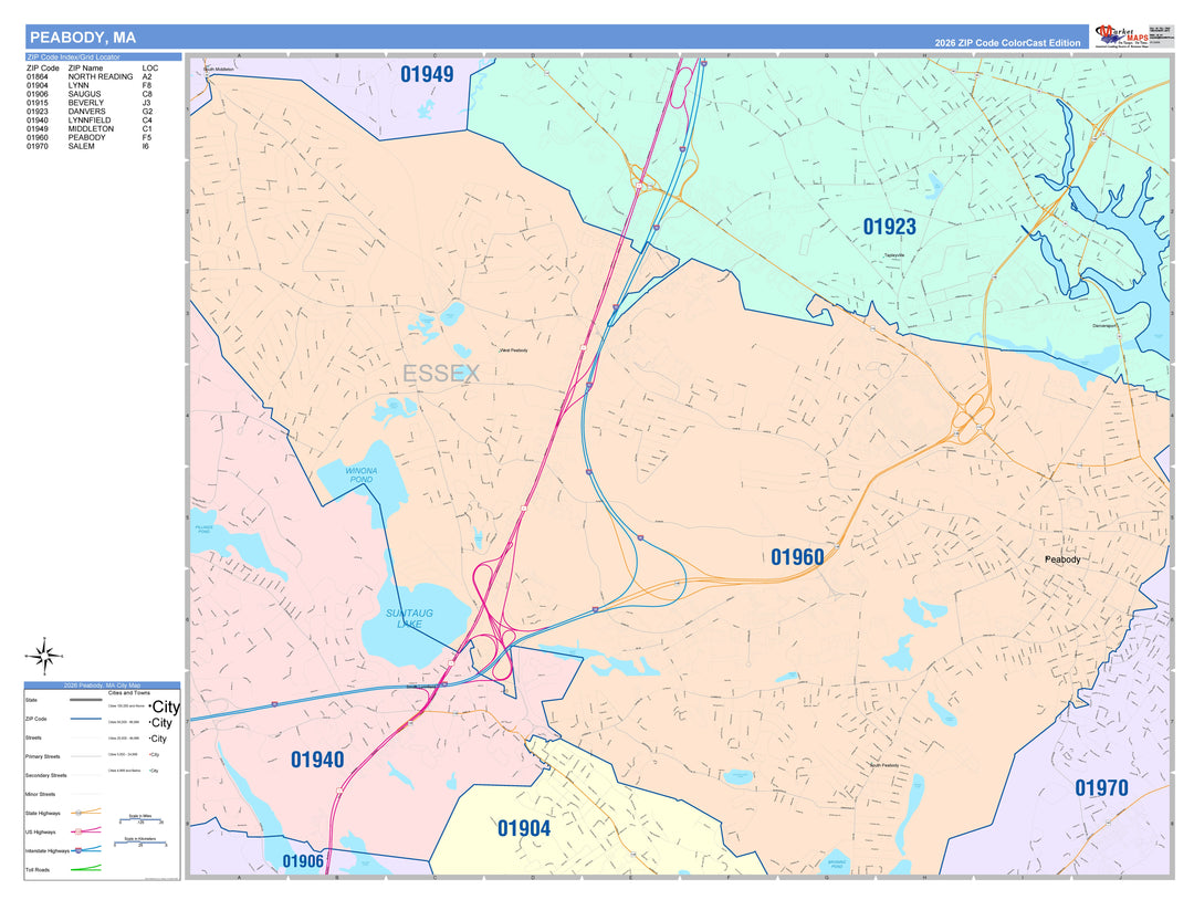Color Cast Zip Code Style Wall Map of Peabody, MA