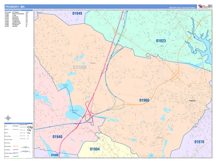 Color Cast Zip Code Style Wall Map of Peabody, MA