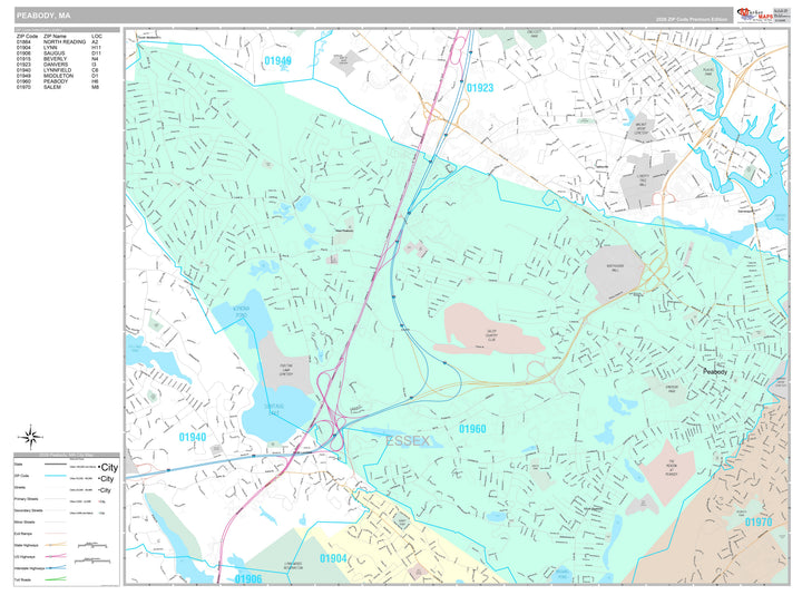 Premium Style Wall Map of Peabody, MA
