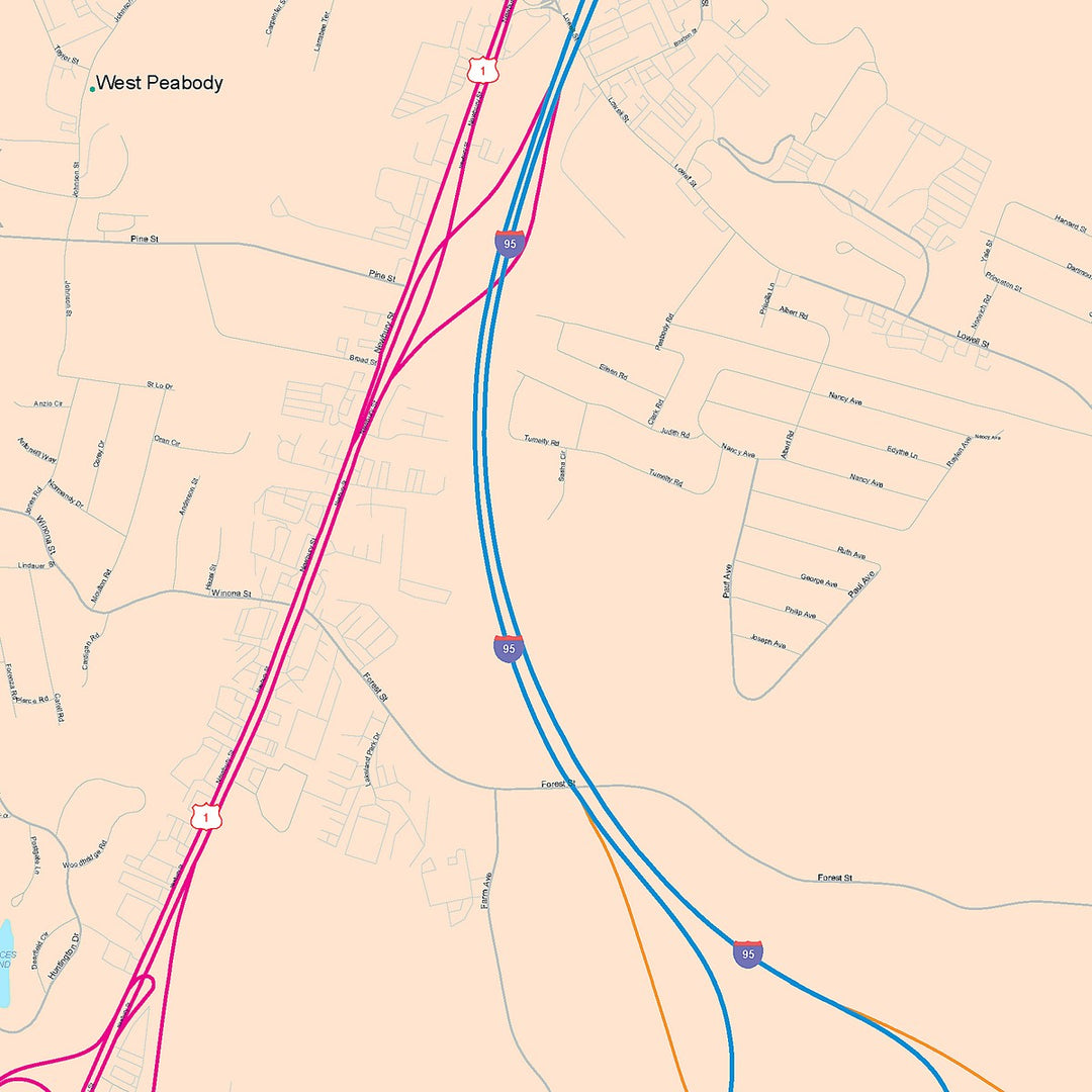 Color Cast Zip Code Style Wall Map of Peabody, MA