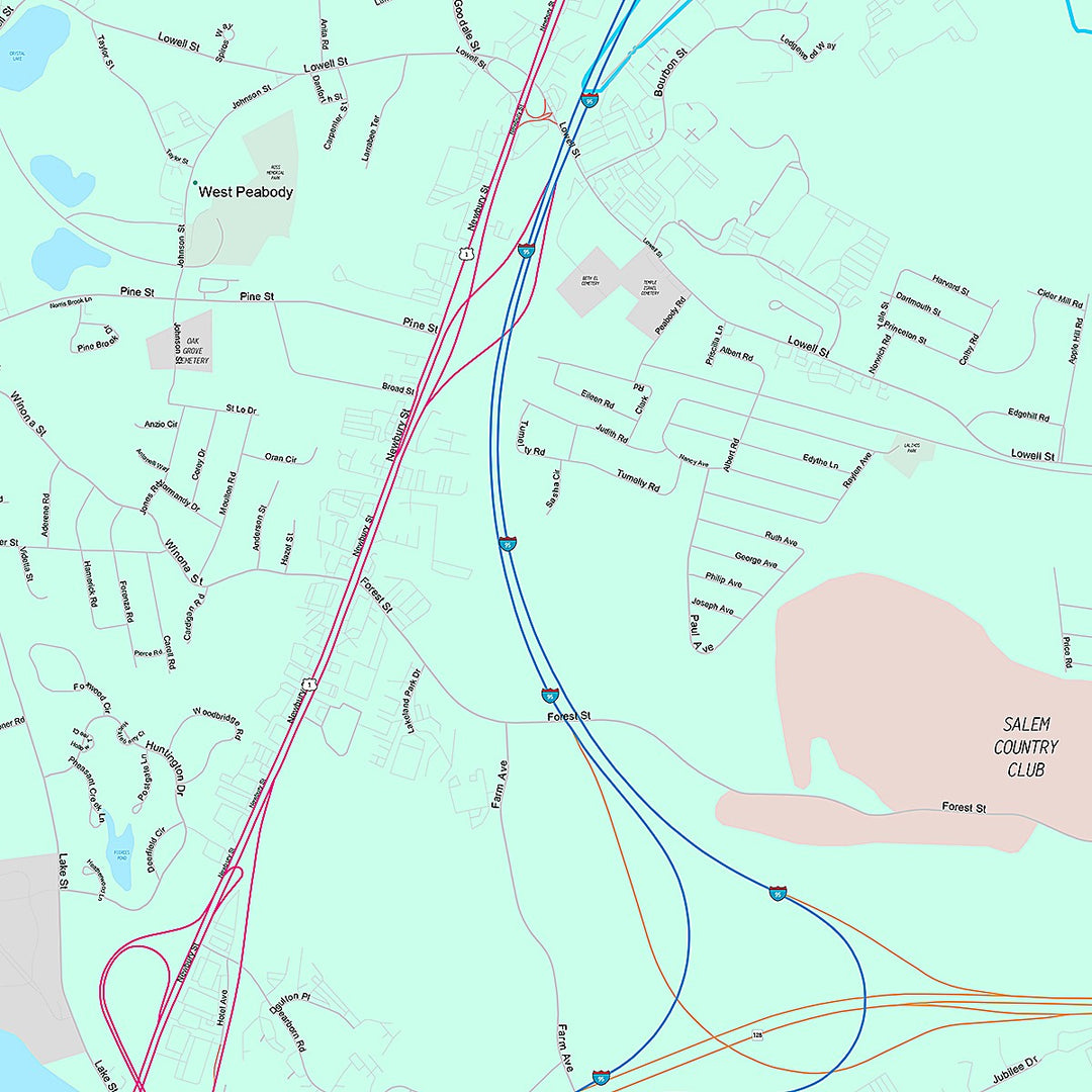 Premium Style Wall Map of Peabody, MA