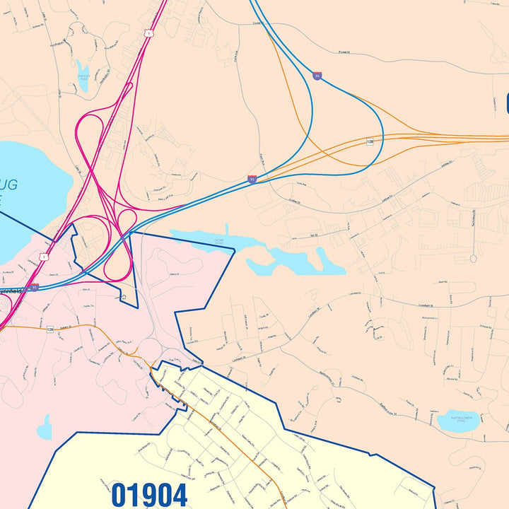 Color Cast Zip Code Style Wall Map of Peabody, MA