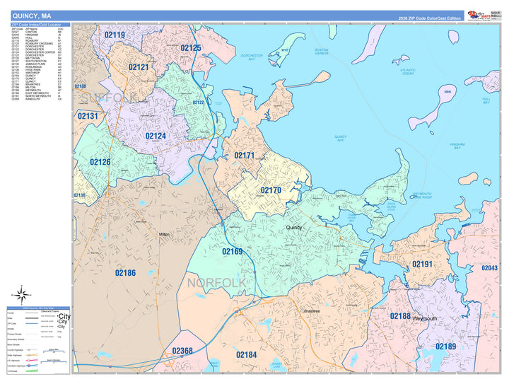 Color Cast Zip Code Style Wall Map of Quincy, MA