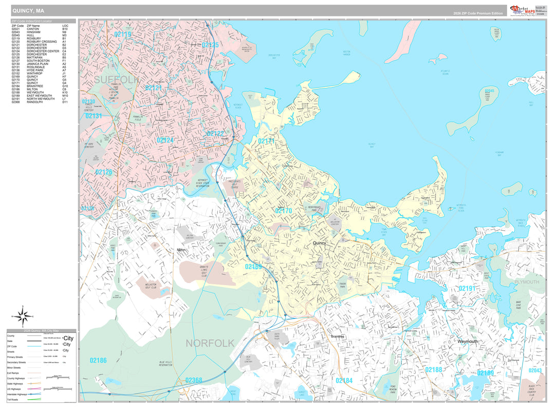 Premium Style Wall Map of Quincy, MA