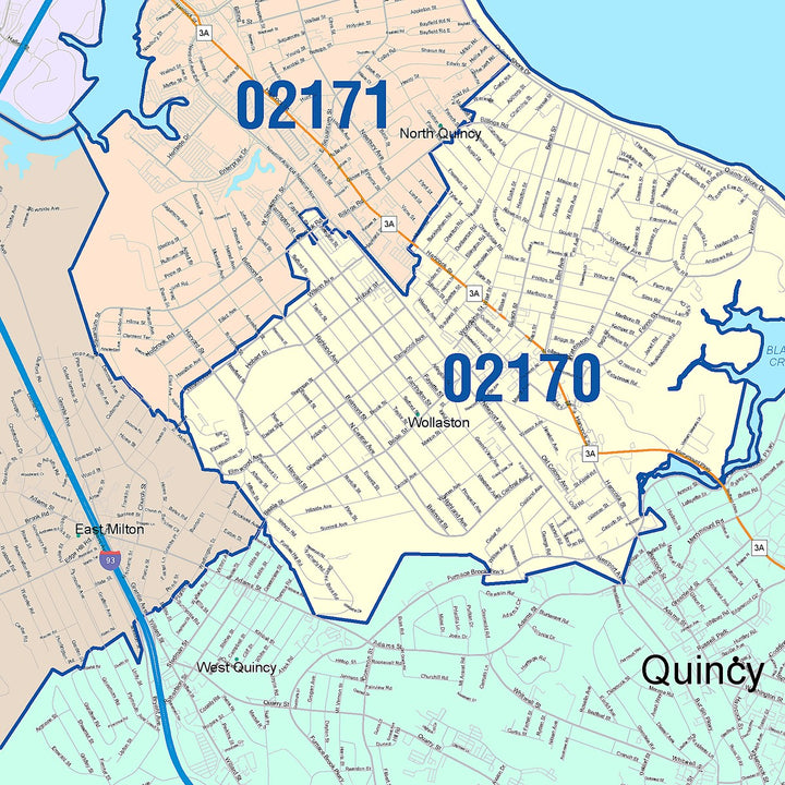 Color Cast Zip Code Style Wall Map of Quincy, MA