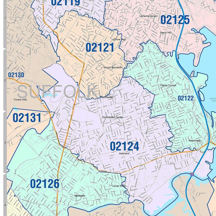Color Cast Zip Code Style Wall Map of Quincy, MA