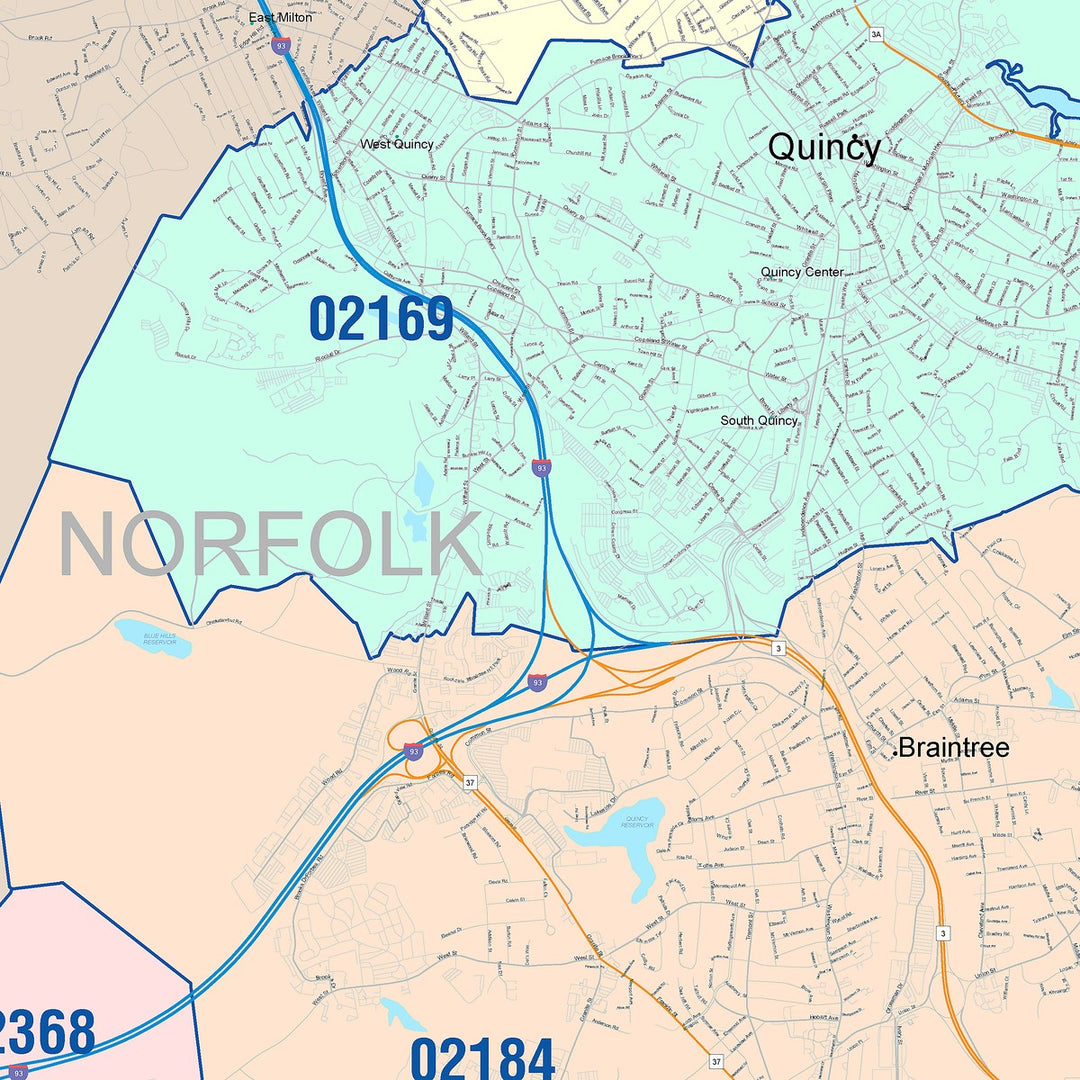 Color Cast Zip Code Style Wall Map of Quincy, MA