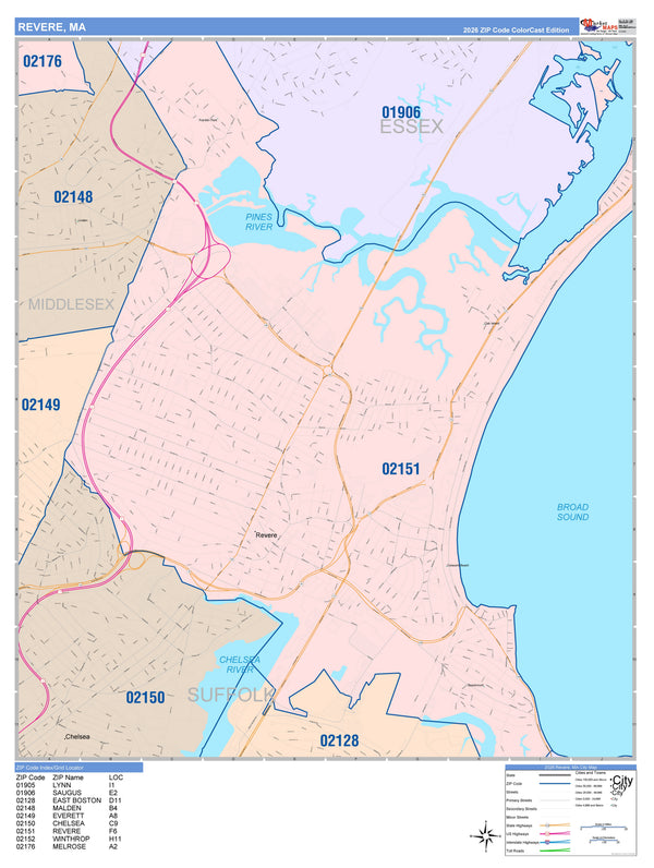 Color Cast Zip Code Style Wall Map of Revere, MA – American Map Store