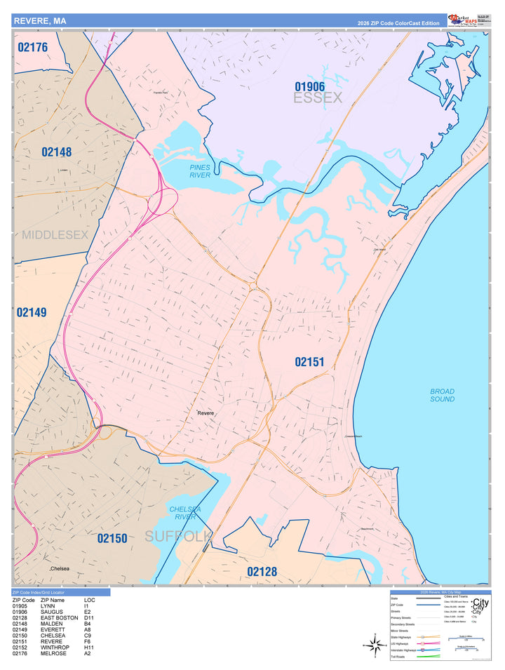 Color Cast Zip Code Style Wall Map of Revere, MA