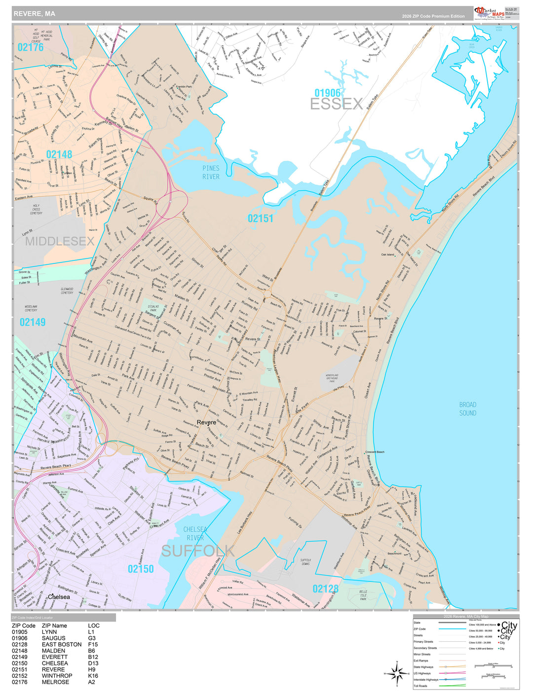 Premium Style Wall Map of Revere, MA