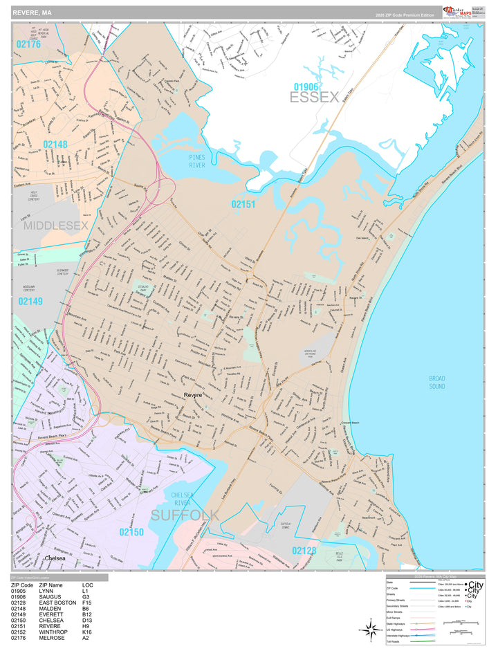 Premium Style Wall Map of Revere, MA
