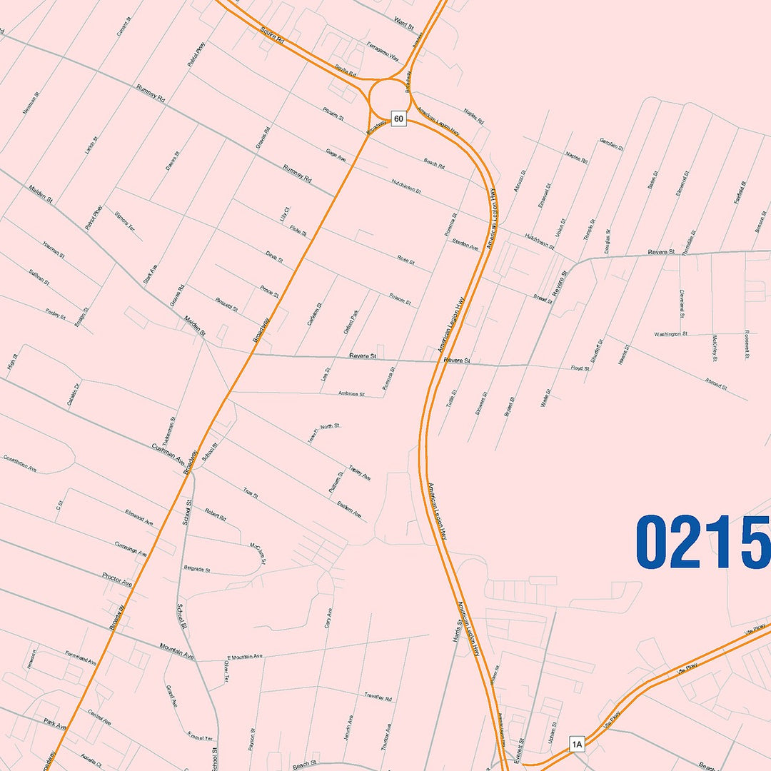 Color Cast Zip Code Style Wall Map of Revere, MA