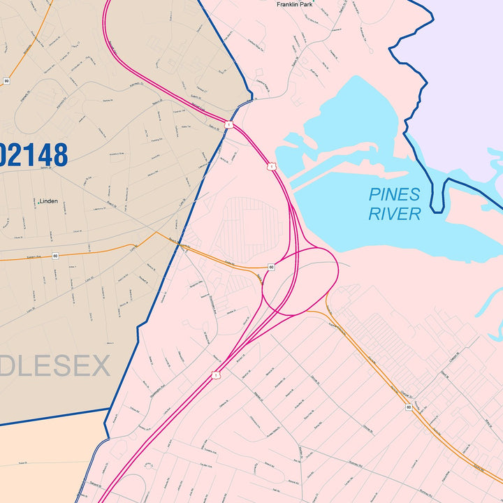Color Cast Zip Code Style Wall Map of Revere, MA