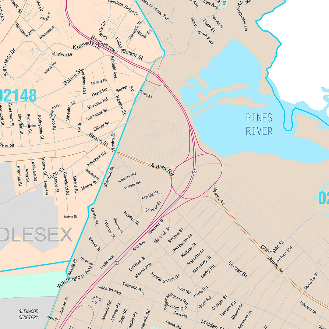 Premium Style Wall Map of Revere, MA