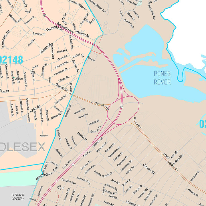 Premium Style Wall Map of Revere, MA