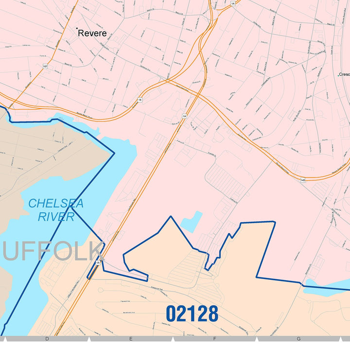 Color Cast Zip Code Style Wall Map of Revere, MA
