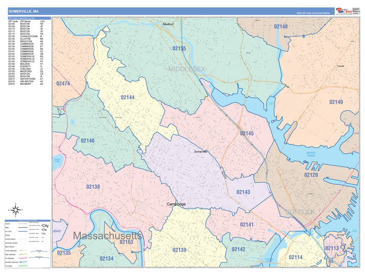 Color Cast Zip Code Style Wall Map of Somerville, MA