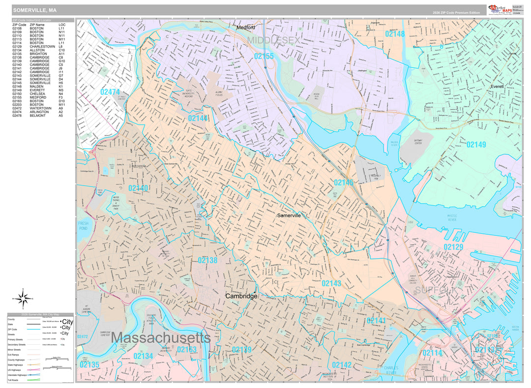 Premium Style Wall Map of Somerville, MA