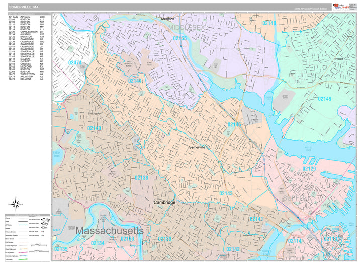 Premium Style Wall Map of Somerville, MA