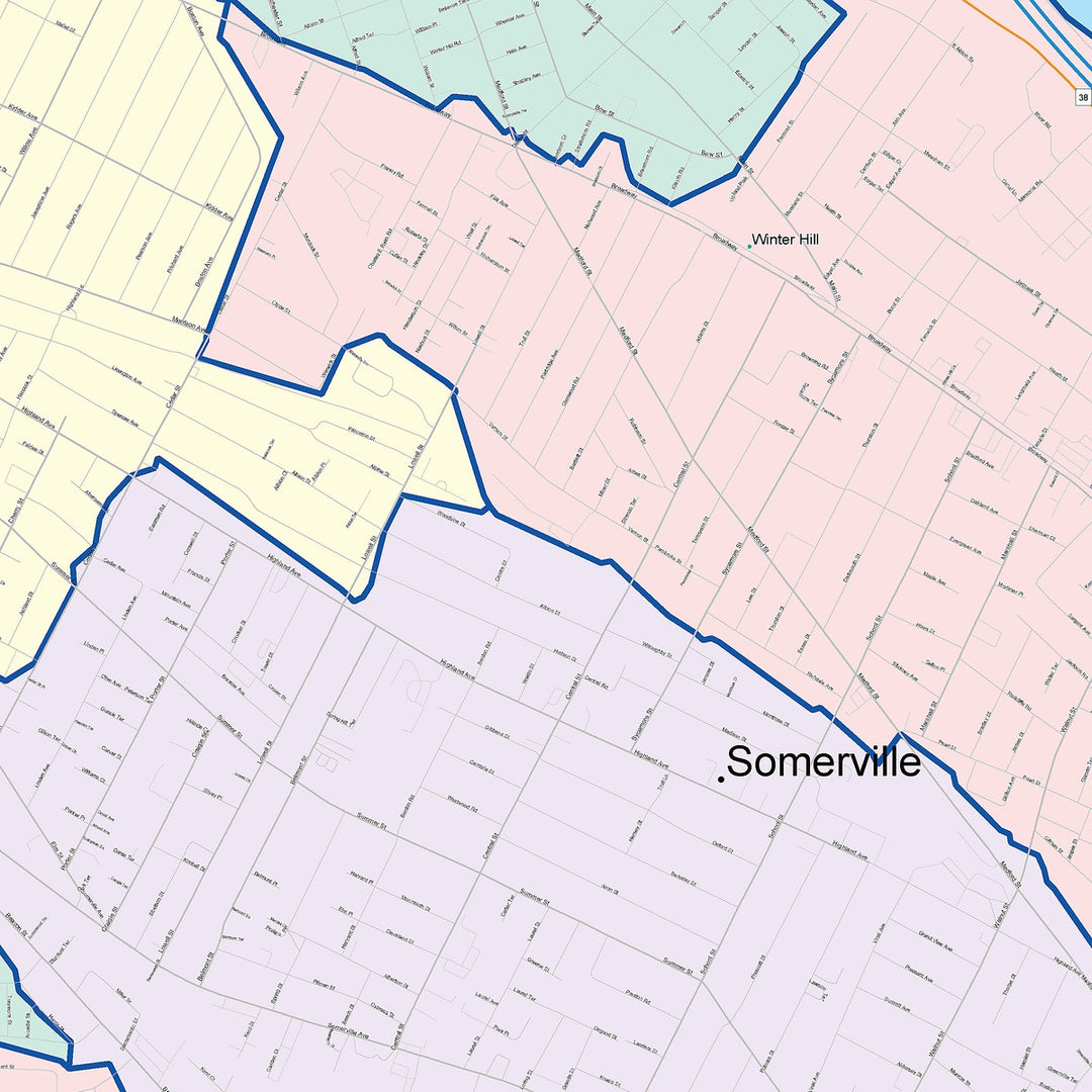 Color Cast Zip Code Style Wall Map of Somerville, MA