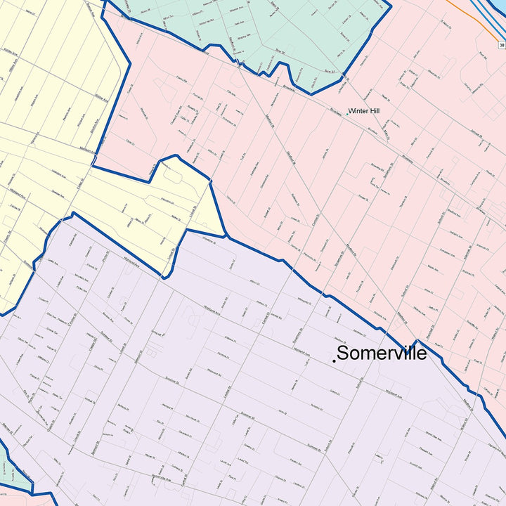 Color Cast Zip Code Style Wall Map of Somerville, MA
