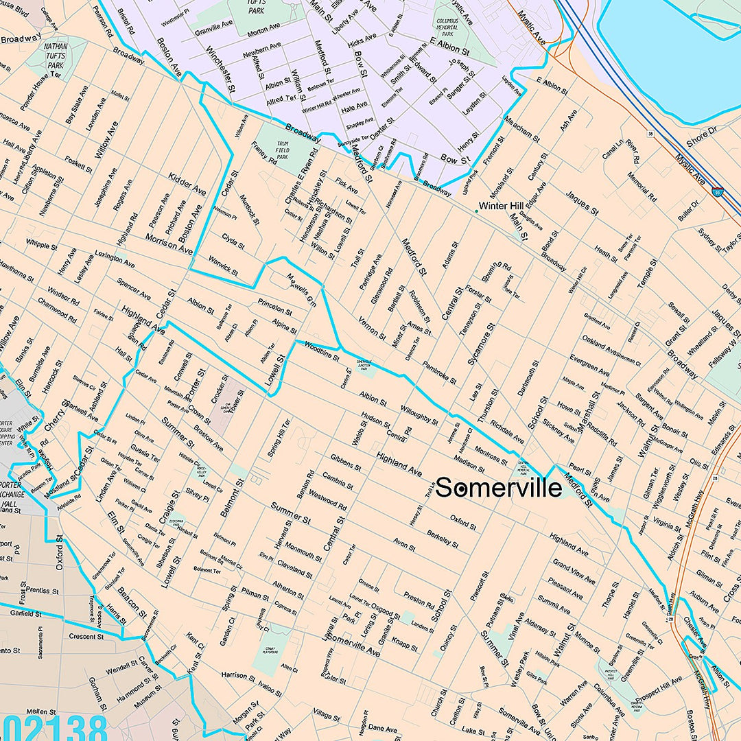 Premium Style Wall Map of Somerville, MA