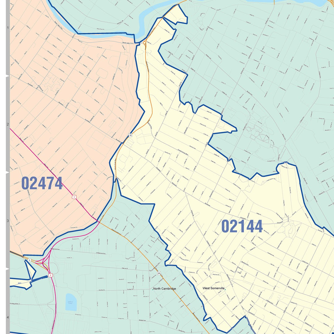 Color Cast Zip Code Style Wall Map of Somerville, MA