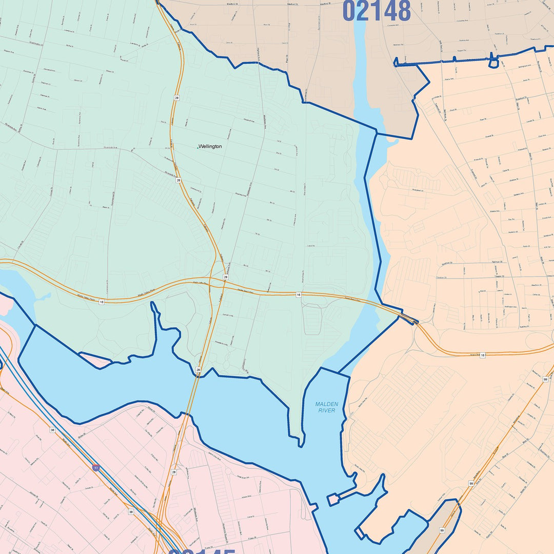 Color Cast Zip Code Style Wall Map of Somerville, MA