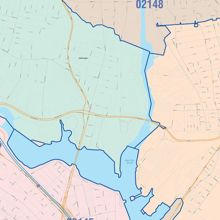 Color Cast Zip Code Style Wall Map of Somerville, MA