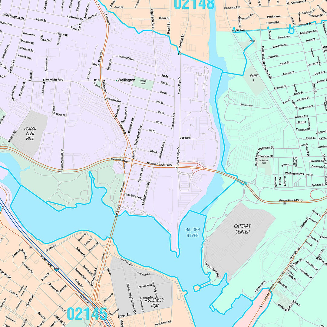 Premium Style Wall Map of Somerville, MA
