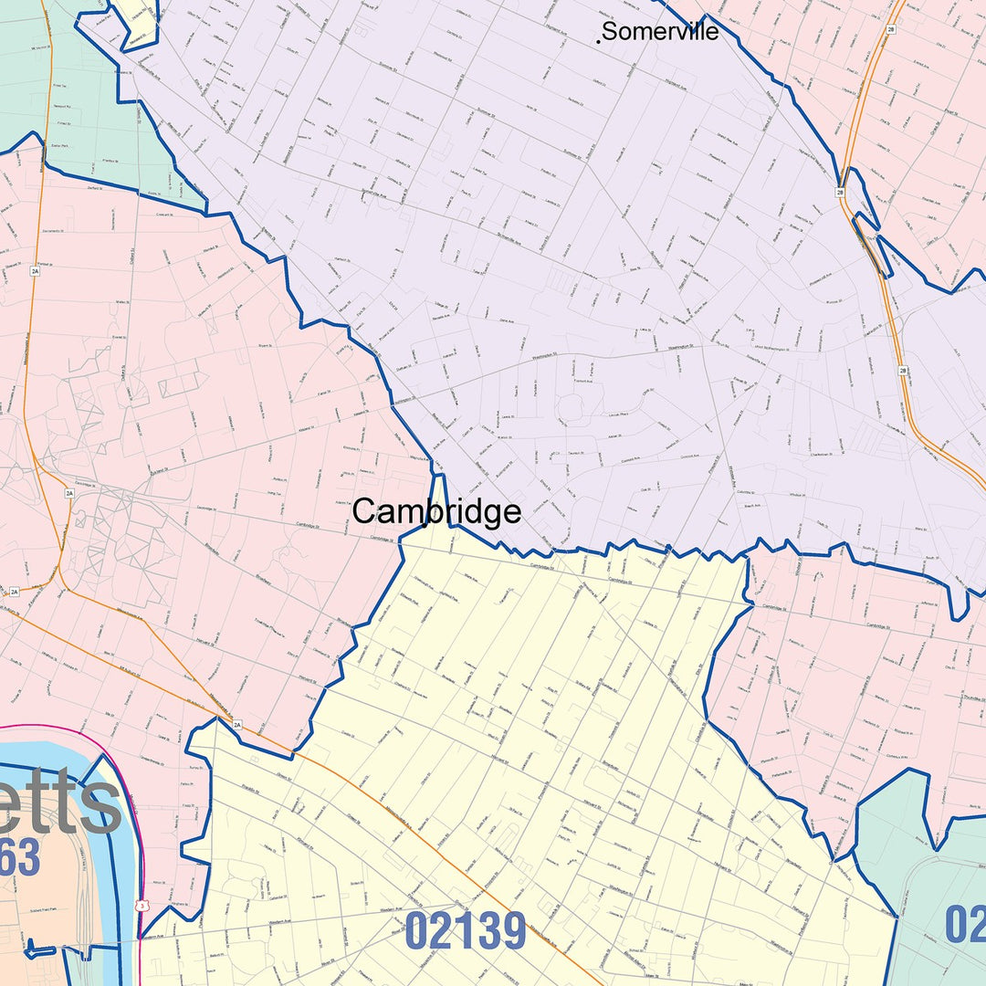 Color Cast Zip Code Style Wall Map of Somerville, MA