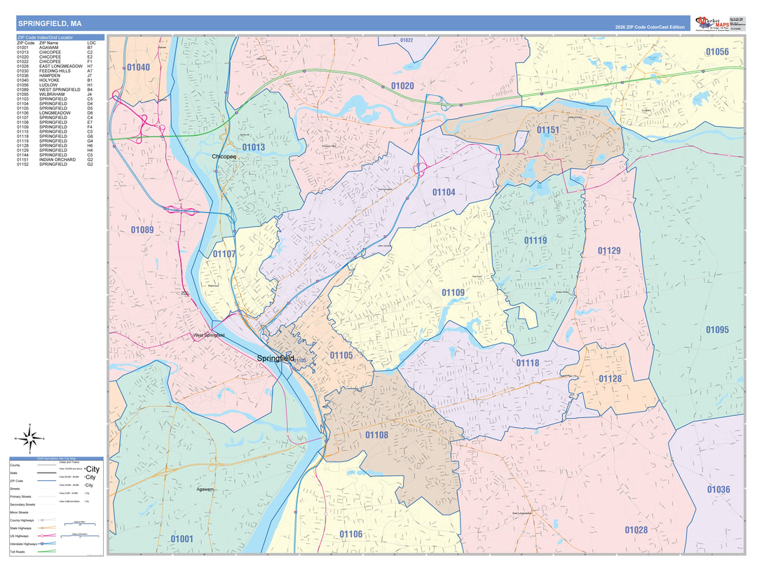Color Cast Zip Code Style Wall Map of Springfield, MA