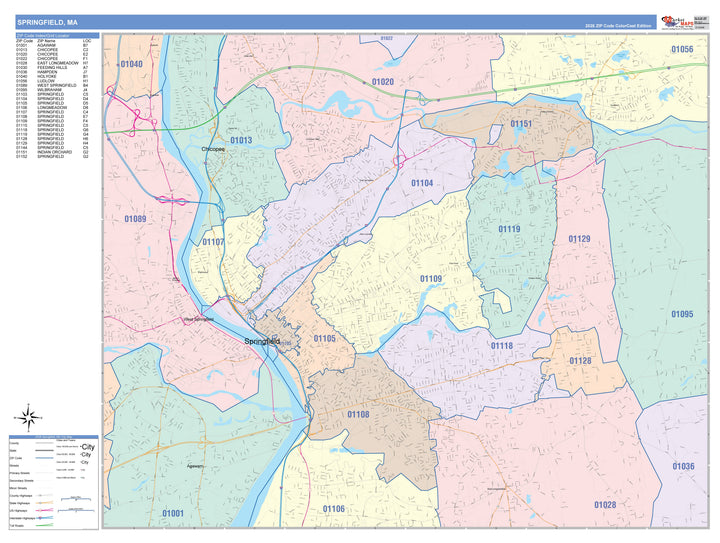 Color Cast Zip Code Style Wall Map of Springfield, MA