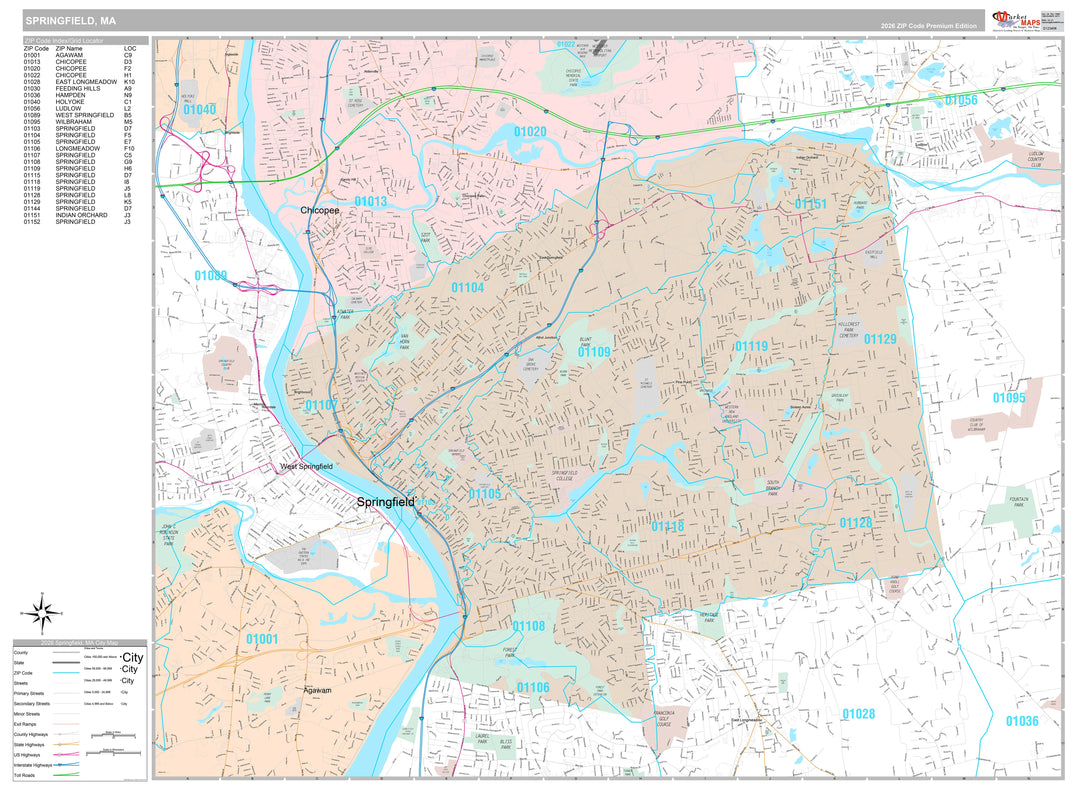 Premium Style Wall Map of Springfield, MA