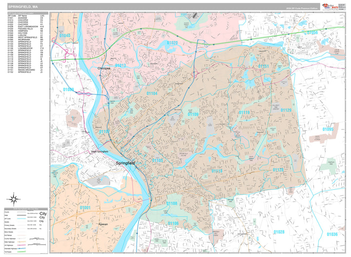 Premium Style Wall Map of Springfield, MA