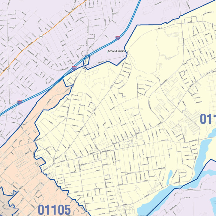 Color Cast Zip Code Style Wall Map of Springfield, MA