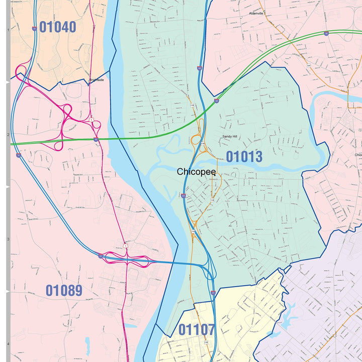 Color Cast Zip Code Style Wall Map of Springfield, MA