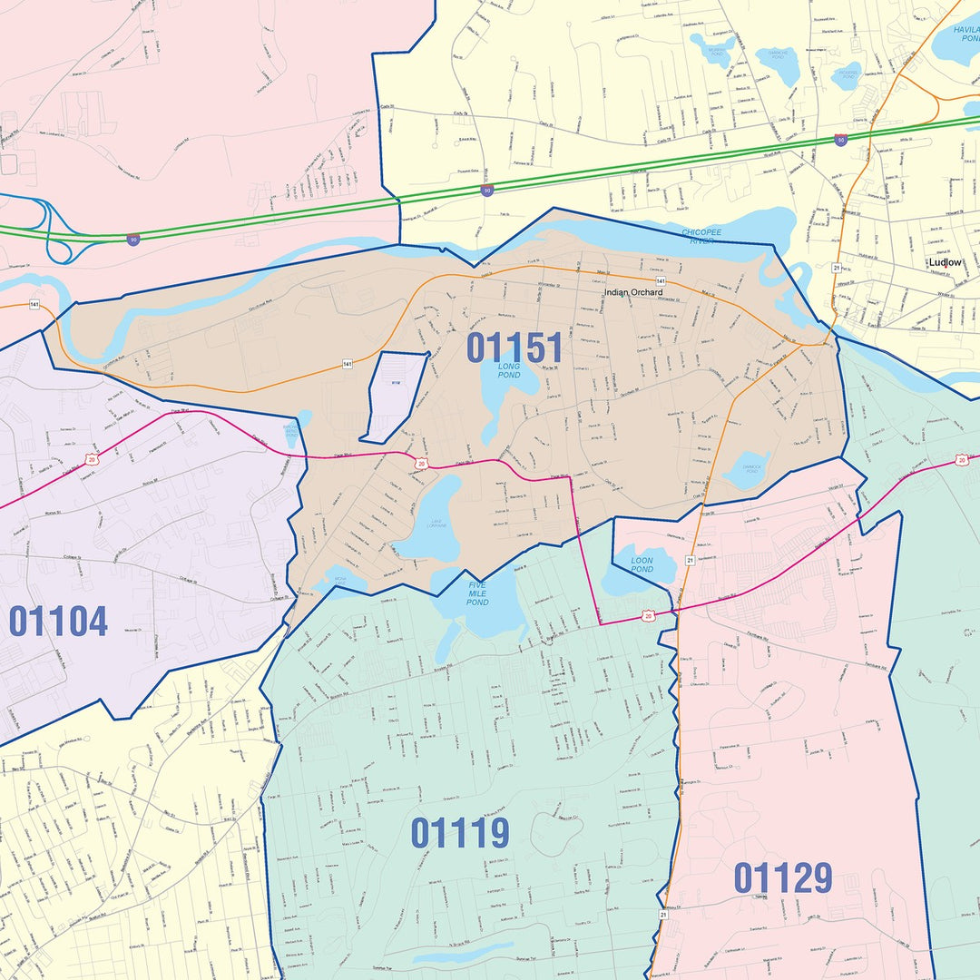 Color Cast Zip Code Style Wall Map of Springfield, MA