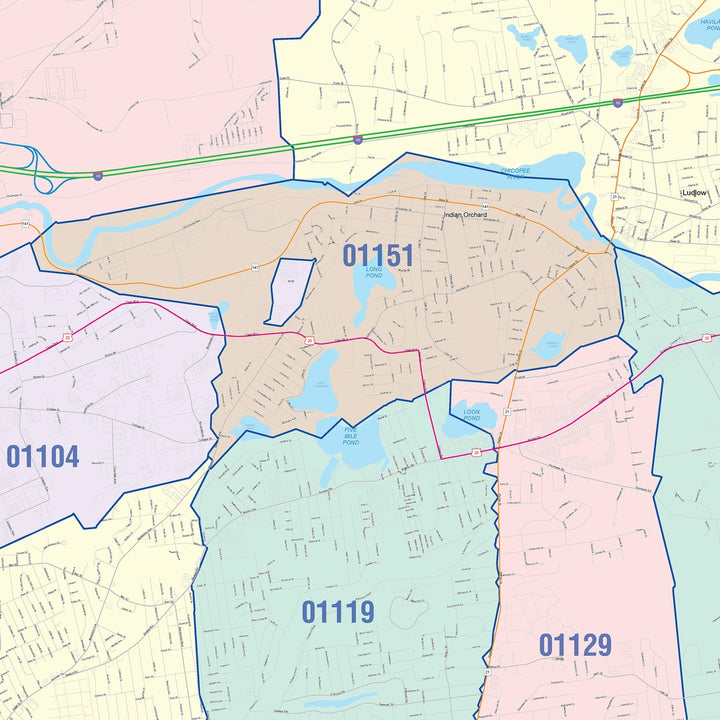 Color Cast Zip Code Style Wall Map of Springfield, MA