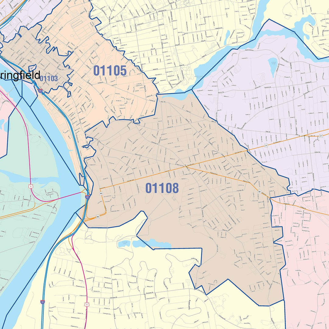 Color Cast Zip Code Style Wall Map of Springfield, MA