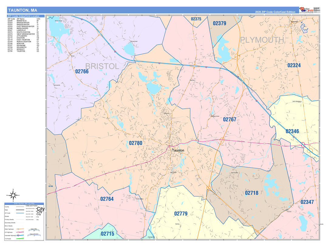 Color Cast Zip Code Style Wall Map of Taunton, MA