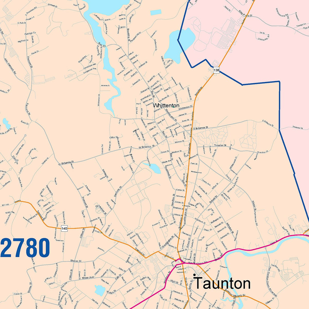 Color Cast Zip Code Style Wall Map of Taunton, MA