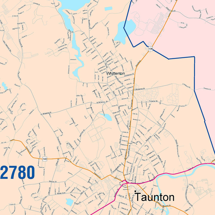 Color Cast Zip Code Style Wall Map of Taunton, MA